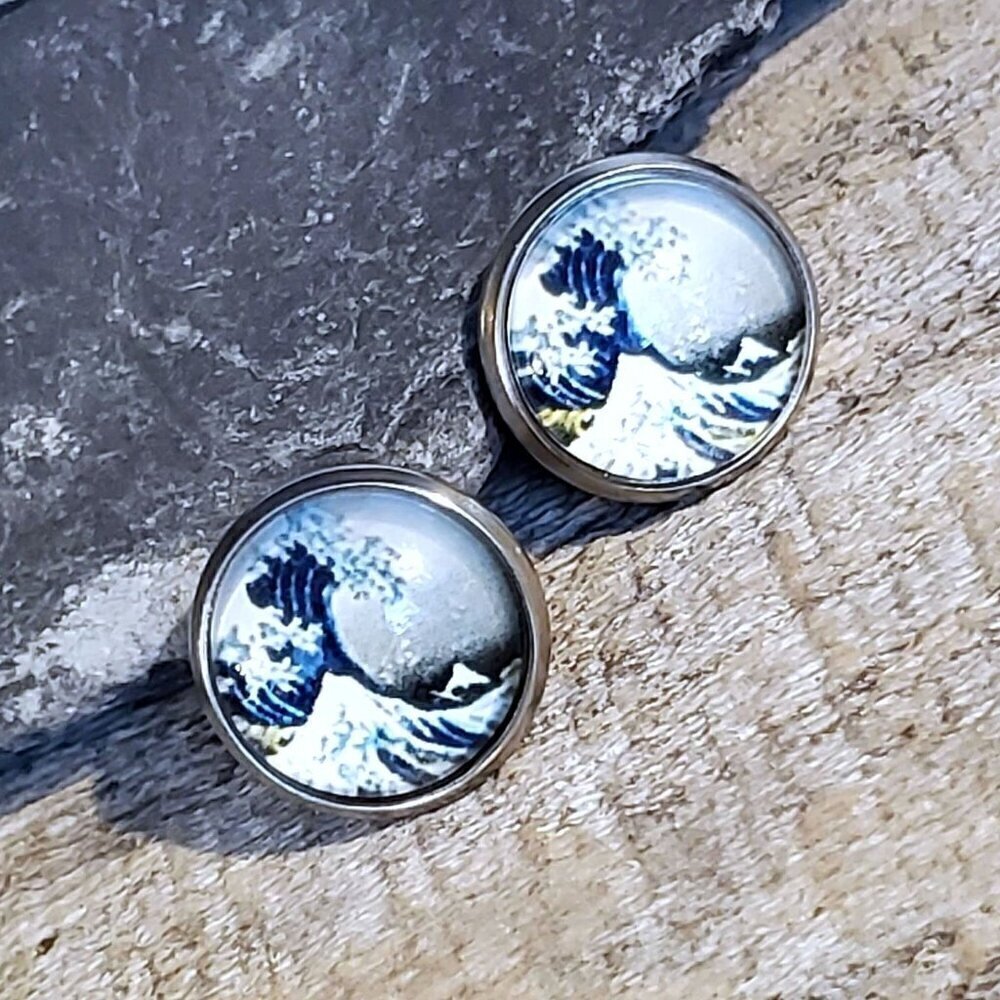 The Big Wave Japanese Art Design Antiqued Brass Stud Handcrafted Earrings